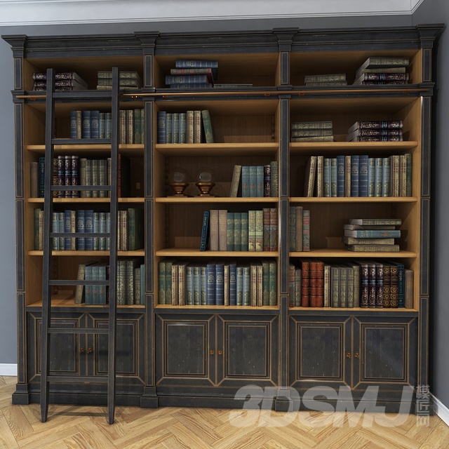 欧式复古书柜梯子组合-3d模型-模匠网,3d模型下载
