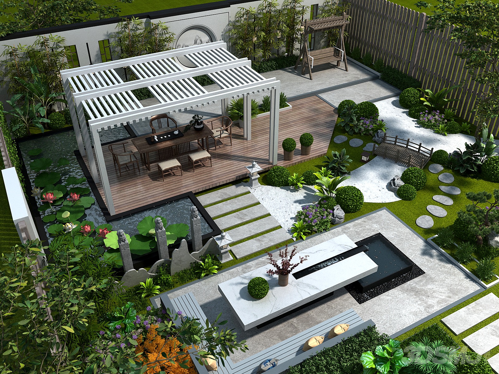 新中式庭院花园鸟瞰-3d模型-模匠网,3d模型下载,免费模型下载,国外