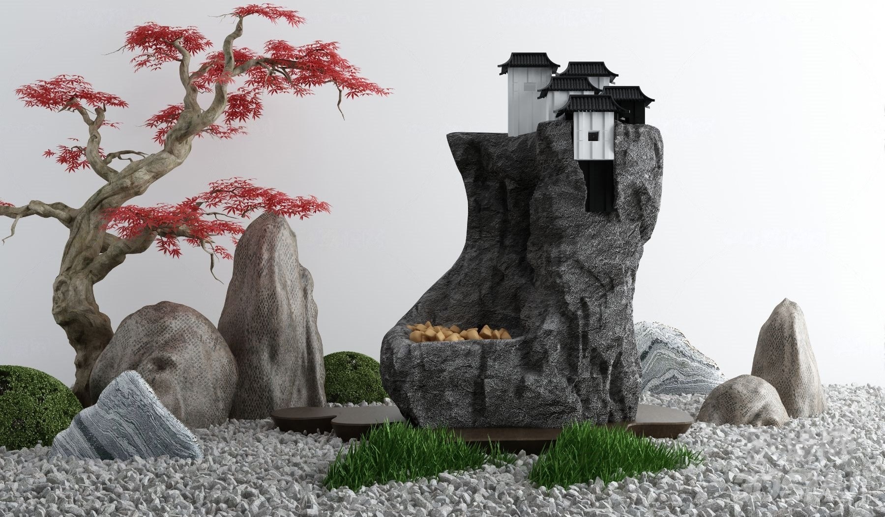 新中式假山房屋景观小品-3d模型-模匠网,3d模型下载,免费模型下载
