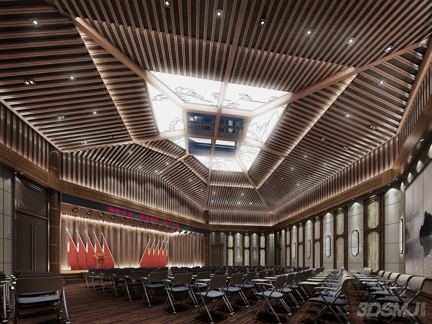 新中式报告厅会议厅-3d模型-模匠网,3d模型下载,免费模型下载,国外