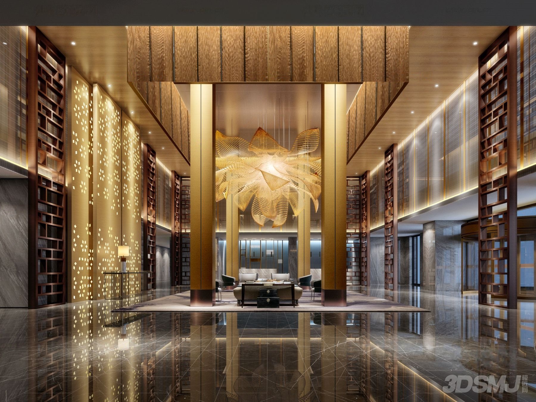 新中式轻奢酒店大堂-3d模型-模匠网,3d模型下载,免费模型下载,国外
