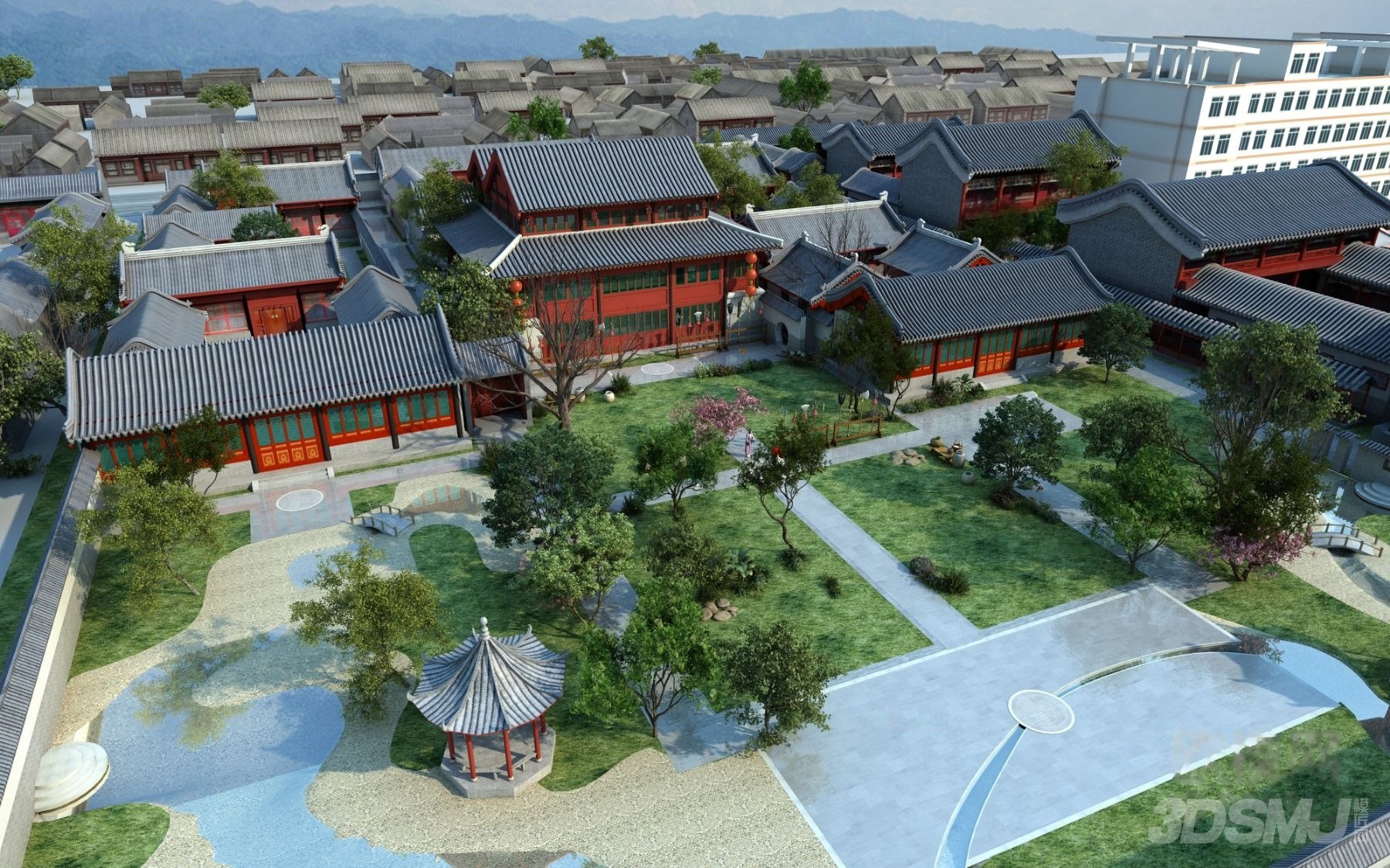 中式古建筑鸟瞰-3d模型-模匠网,3d模型下载,免费模型