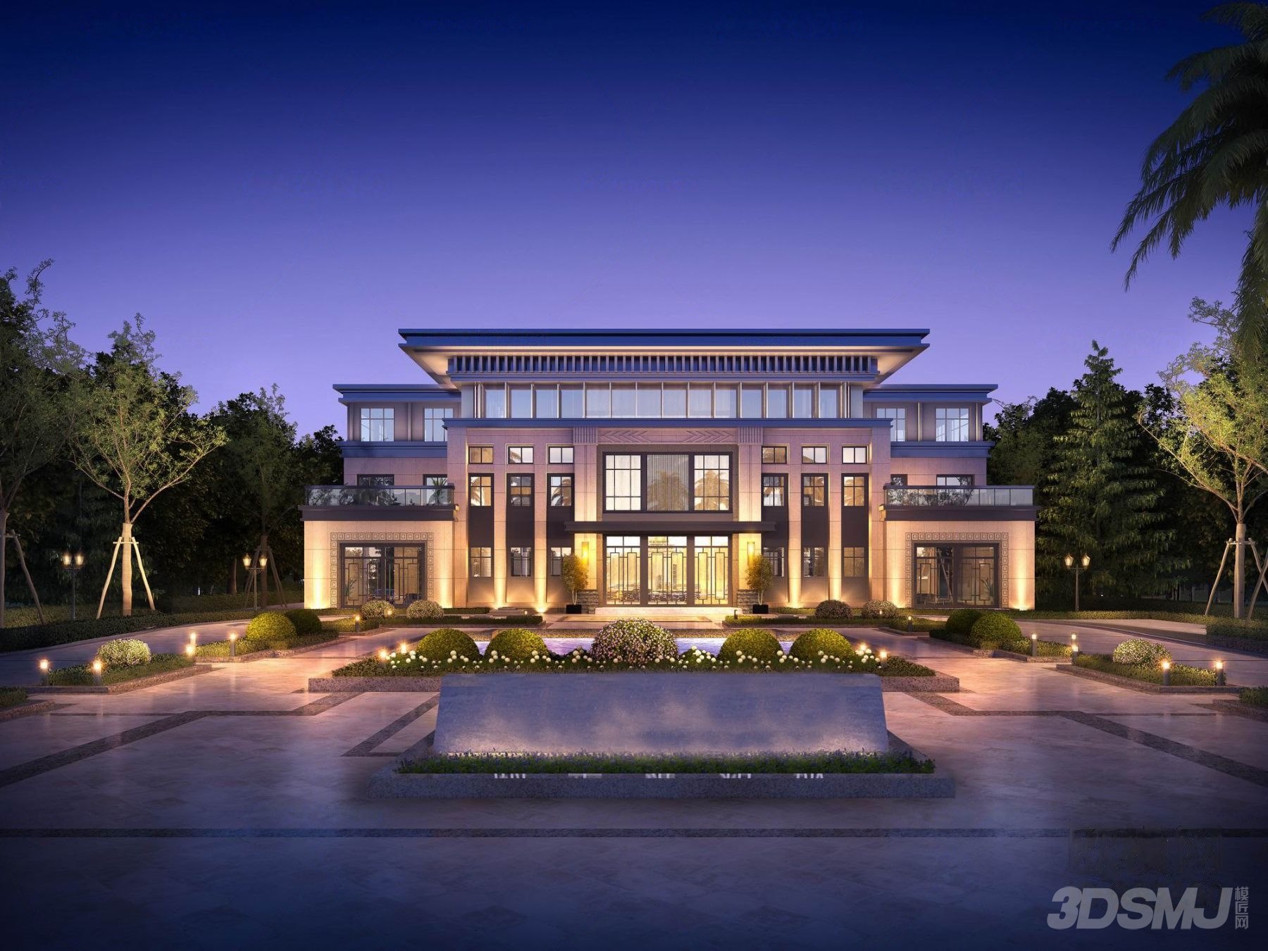 新中式售楼处外观夜景-3d模型-模匠网,3d模型下载,免费模型下载,国外