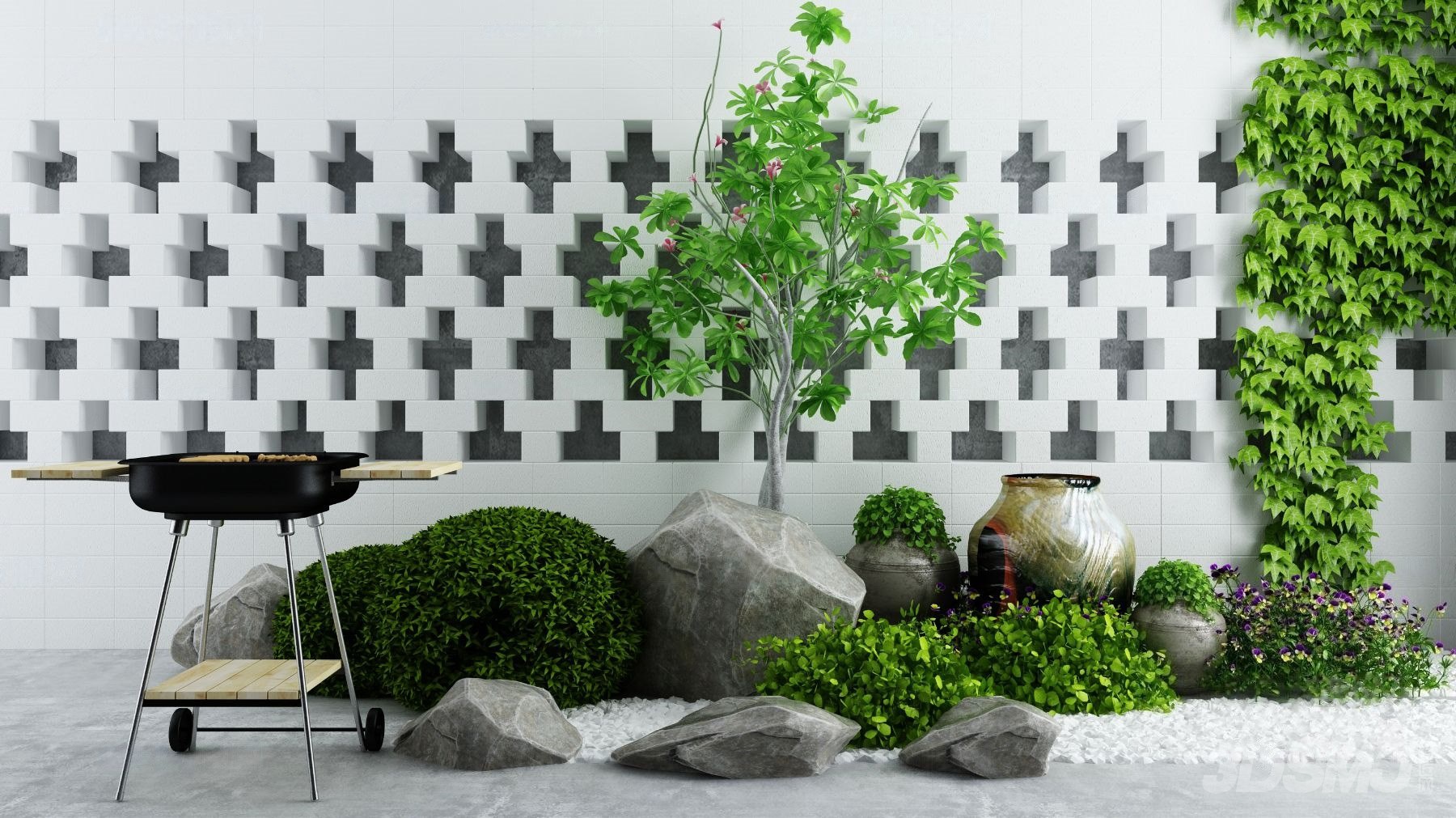 现代阳台庭院景观小品植物假山-3d模型-模匠网,3d模型下载,免费模型