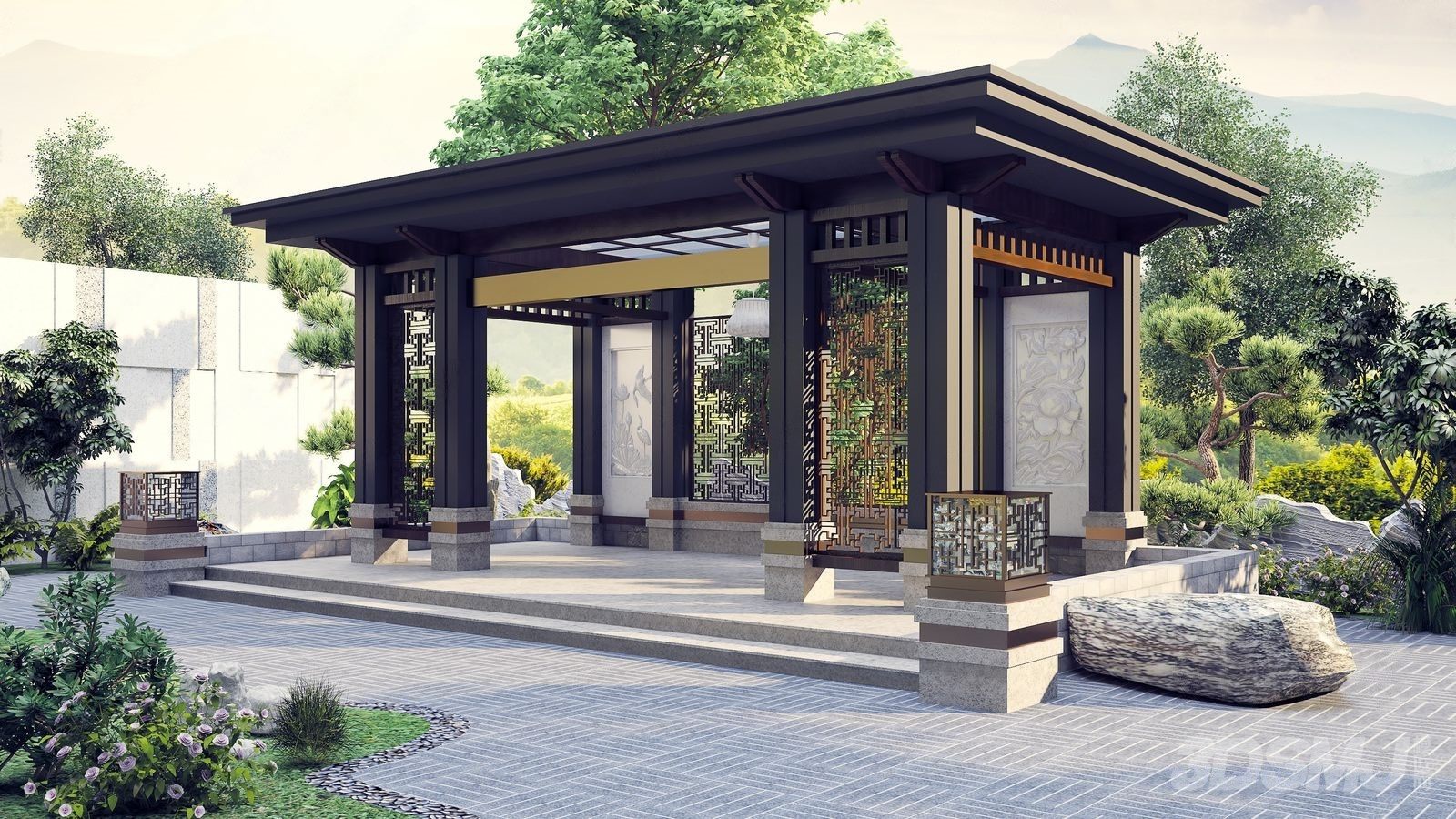 新中式庭院景观凉亭-3d模型-模匠网,3d模型下载,免费模型下载,国外