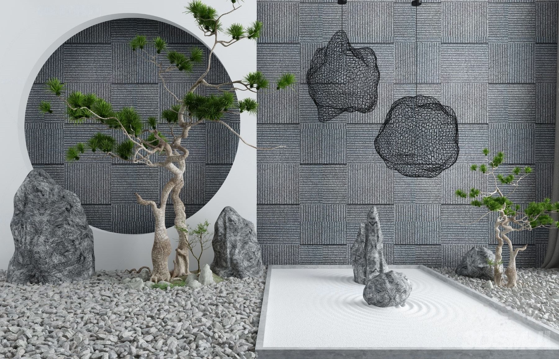 新中式枯山水松树假山小品-3d模型-模匠网,3d模型下载,免费模型下载