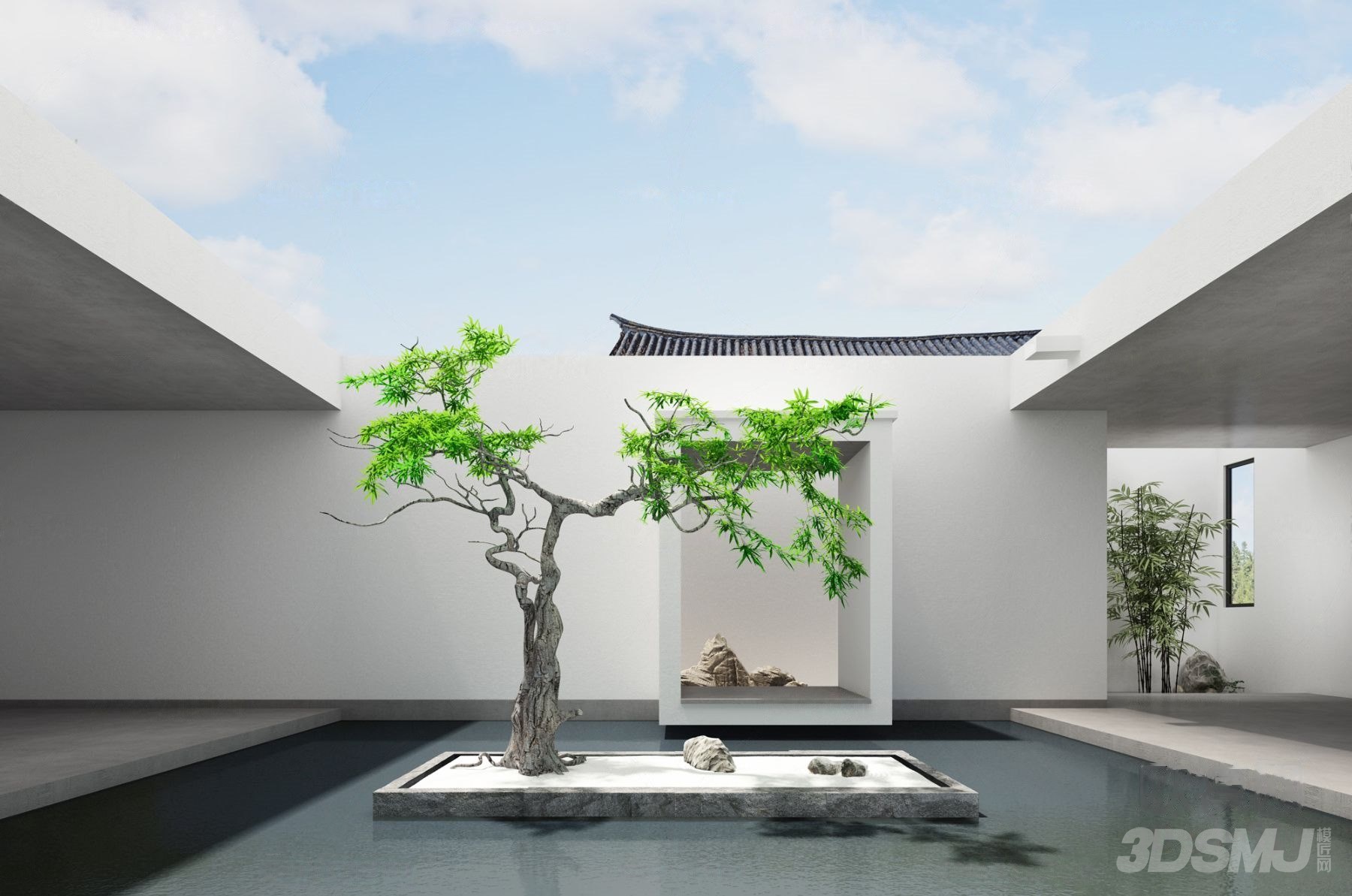 新中式水池景观树庭院园艺小品-3d模型-模匠网,3d模型下载,免费模型