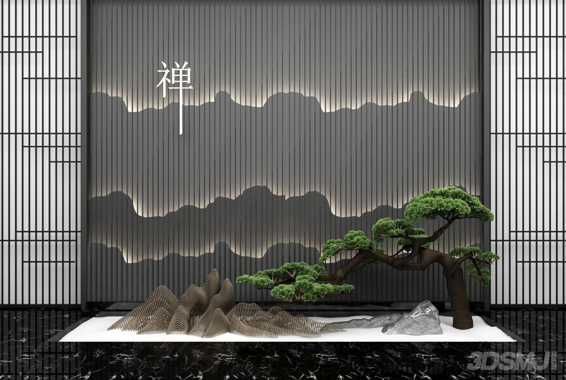 新中式松树假山背景墙园艺小品