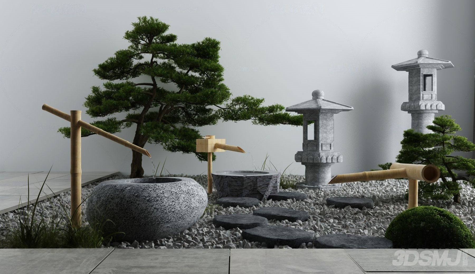 新中式松树竹子流水景观小品