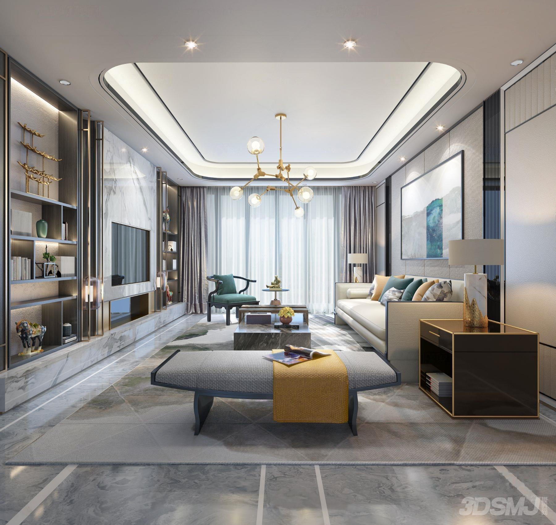 新中式轻奢客厅3d模型-3d模型-模匠网,3d模型下载,免费模型下载,国外