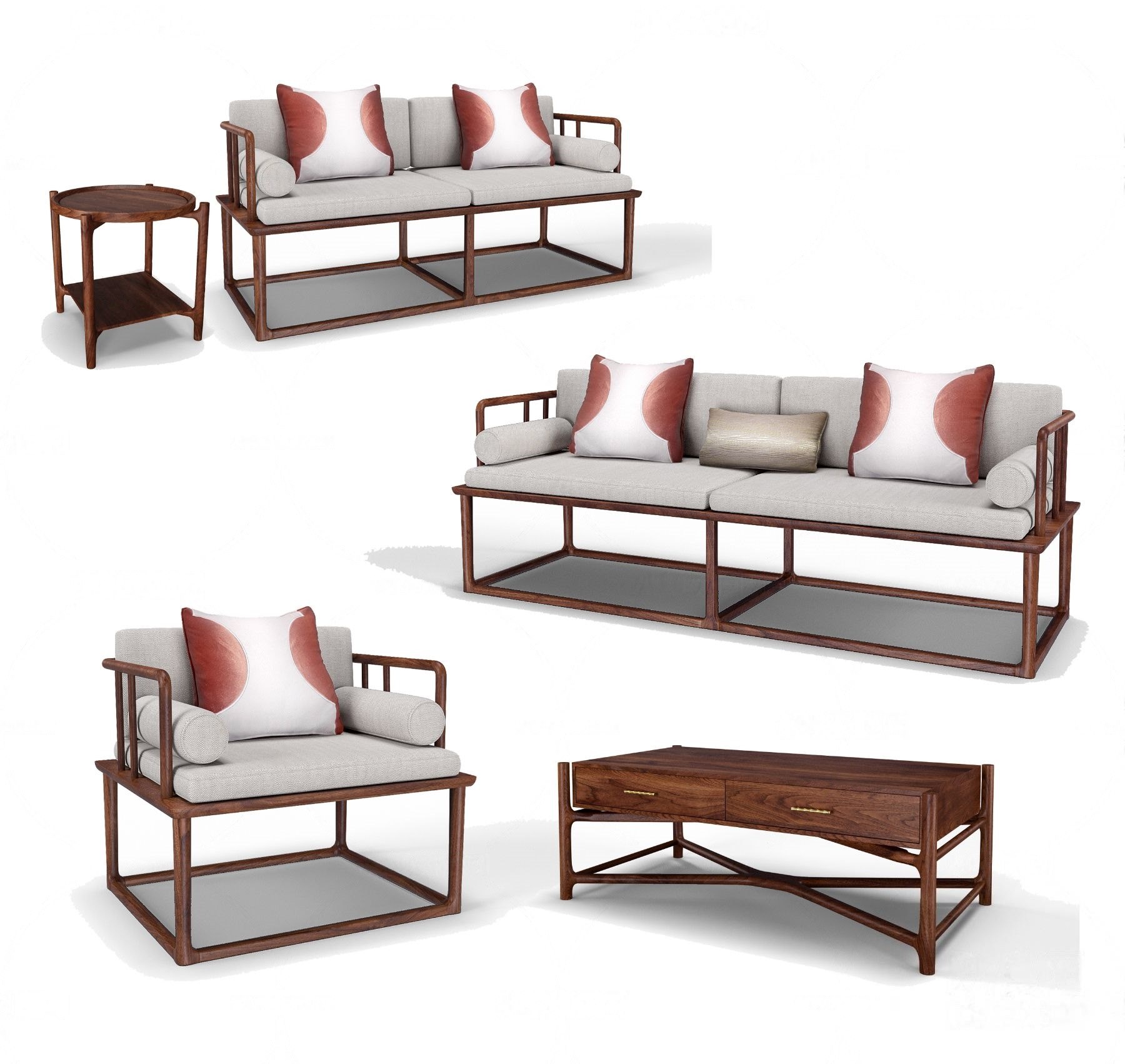 新中式实木沙发茶几边几3d模型